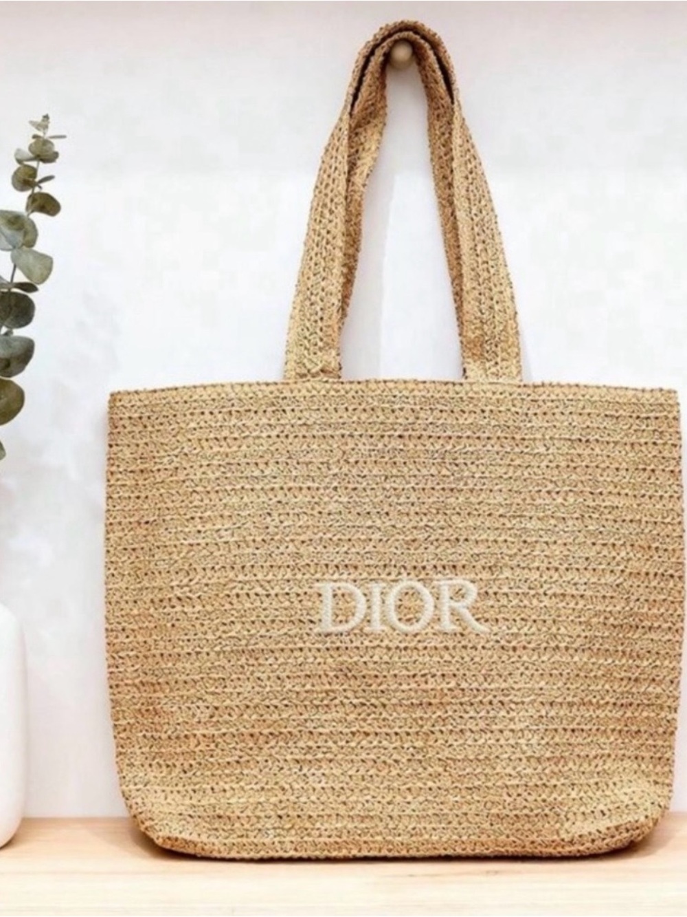 Dior Beige Woven Straw Tote with White Logo